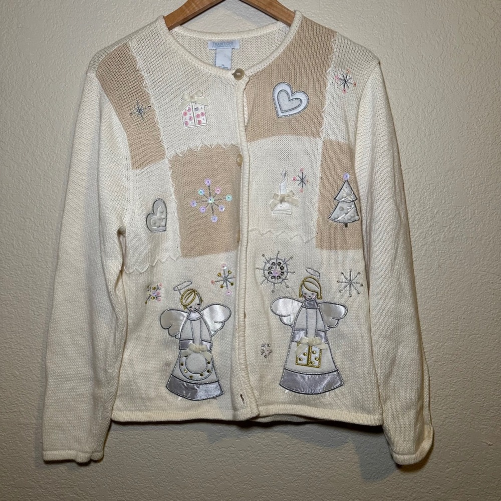Vtg Traditions Womens PL Cardigan‎ Sweater Patchwork Angel Christmas Embroidered
